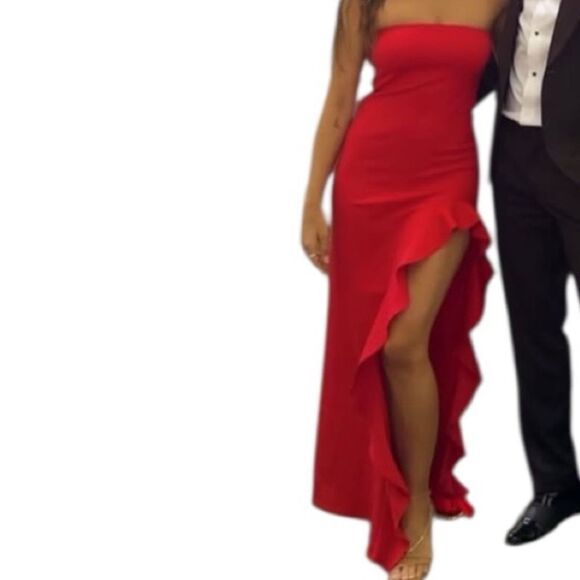 Delfi Collective Red Strapless High Slit Ruffle Maxi Dress S - Picture 1 of 6